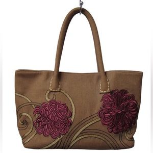 DV Collection Brown Double Handle Embroidered Lotus Flower Tote Purse - NWT